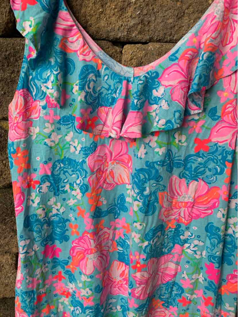 Aqua sleeveless dress with pink and coral floral print and ruffled neckline in XL size.