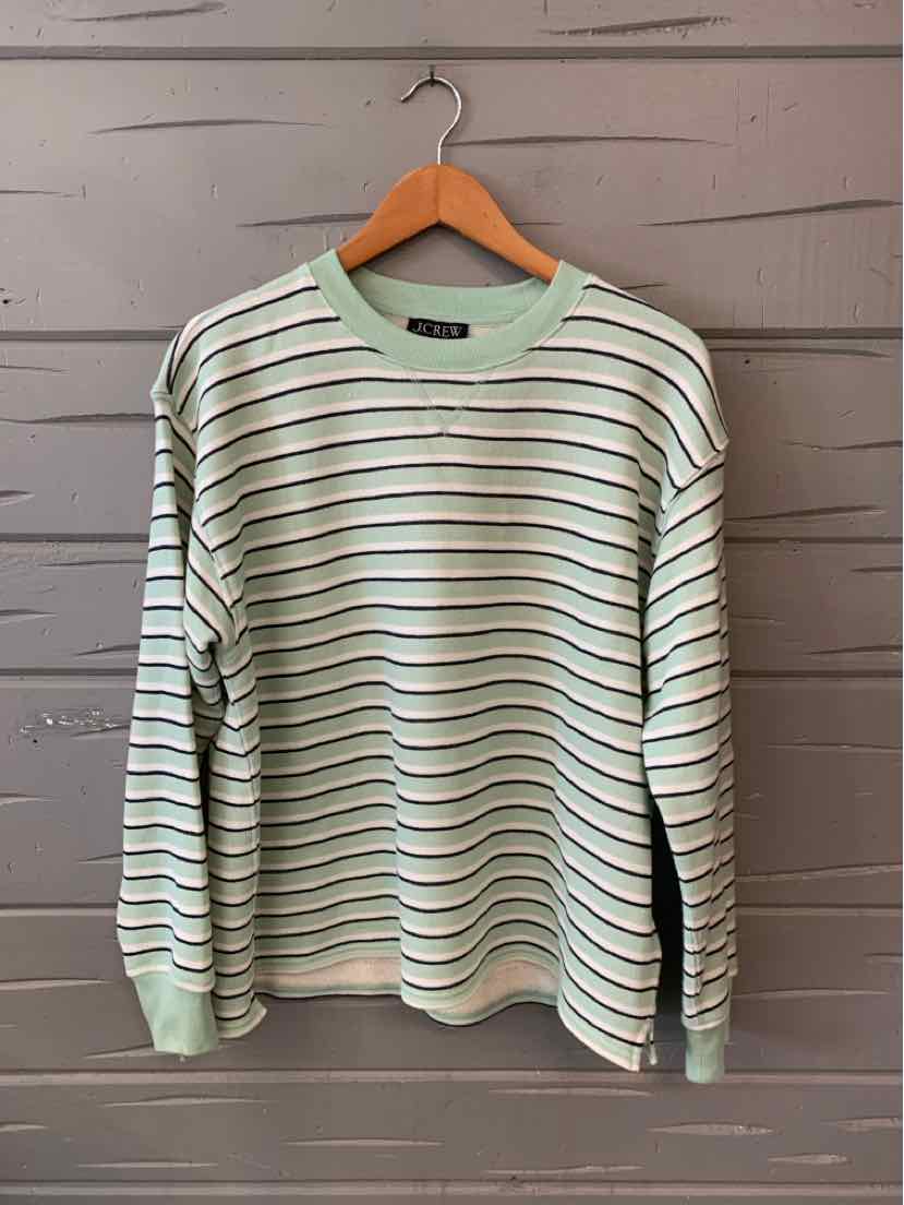 Mint green long-sleeve sweater with thin black and white horizontal stripes, ribbed cuffs and collar.