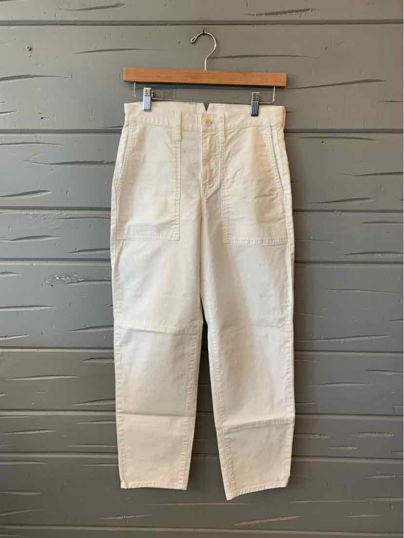 White high-waist straight-leg pants with front patch pockets and belt loops.