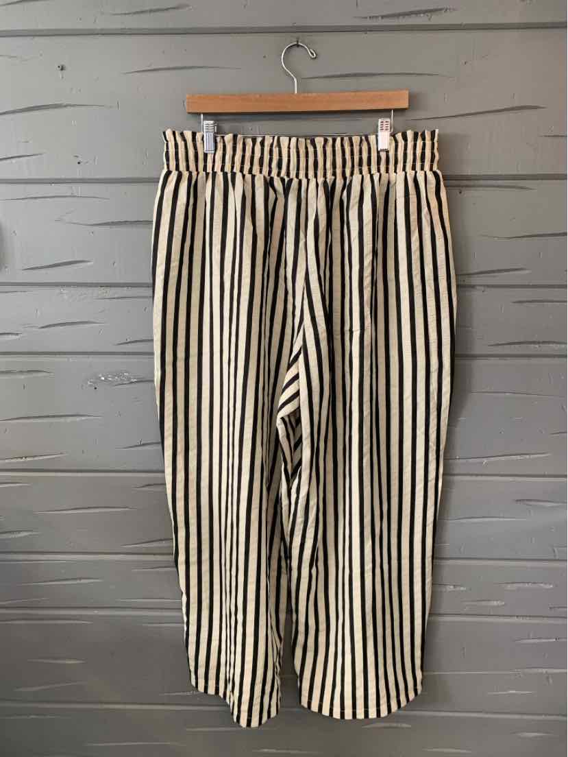Tan and black vertical striped loose-fit pants with elastic waistband in size XL hanging on wooden hanger.