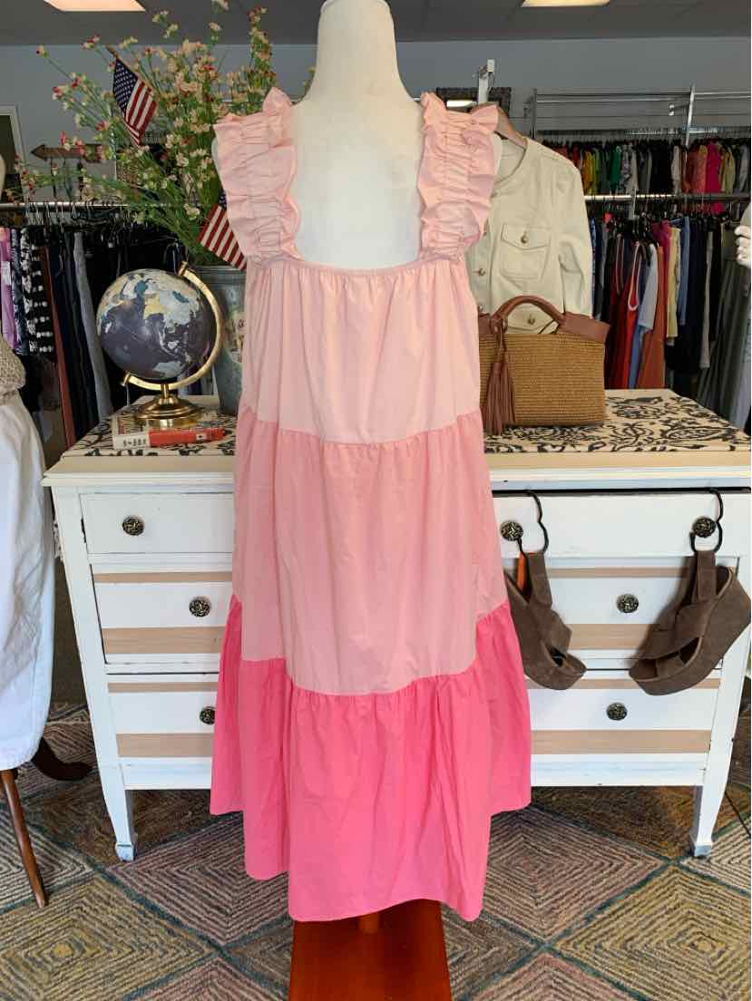 Women’s sleeveless tiered midi dress in three shades of pink with ruffled straps and square neckline.