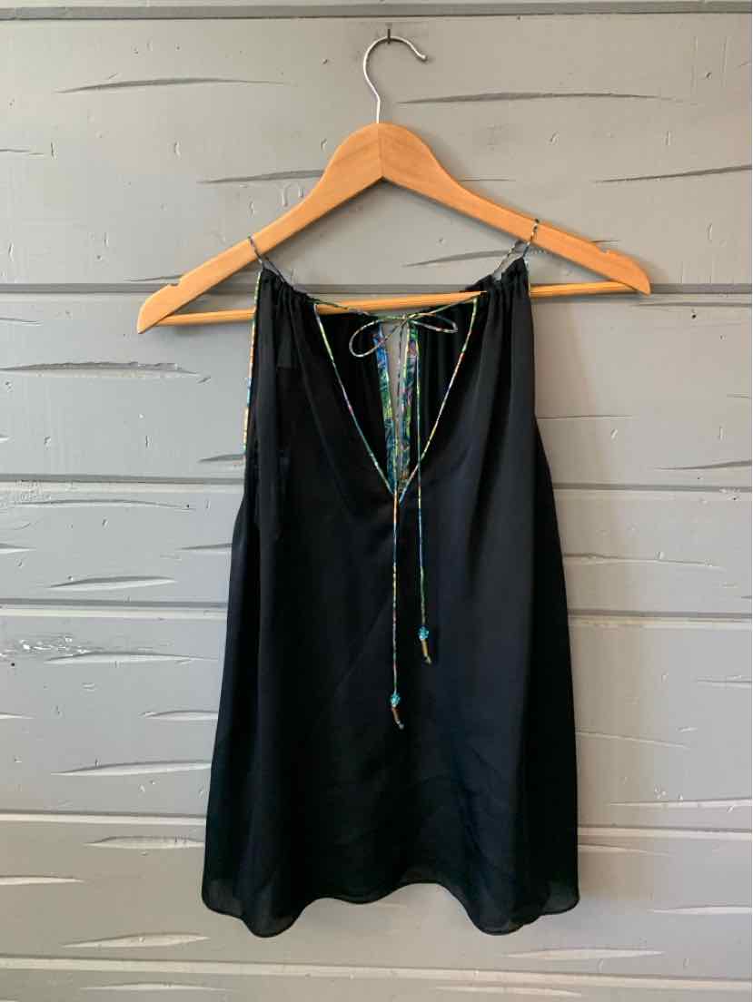 Black sleeveless silk blouse with V-neck and multicolored tassel tie at neckline, size XS.