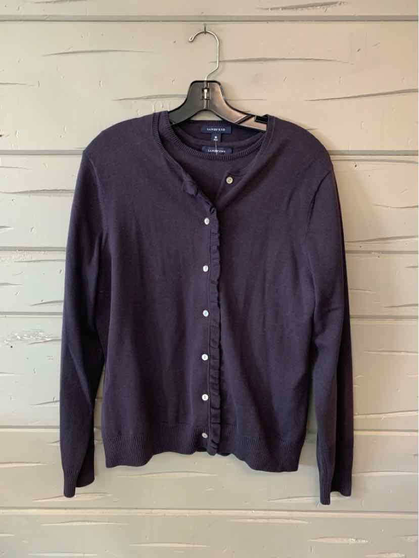 Dark navy blue long-sleeve cardigan with round neckline and white buttons down the front.