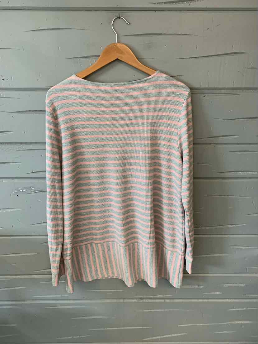 Light gray and white horizontally striped long-sleeve sweater with ribbed cuffs and hem in large size.