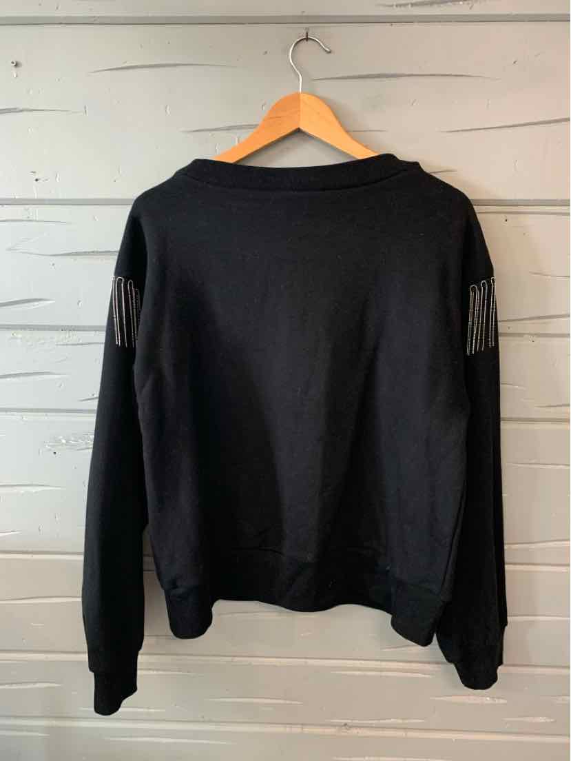 Black long-sleeve sweatshirt with fringe detail on upper sleeves, relaxed fit, crew neckline.