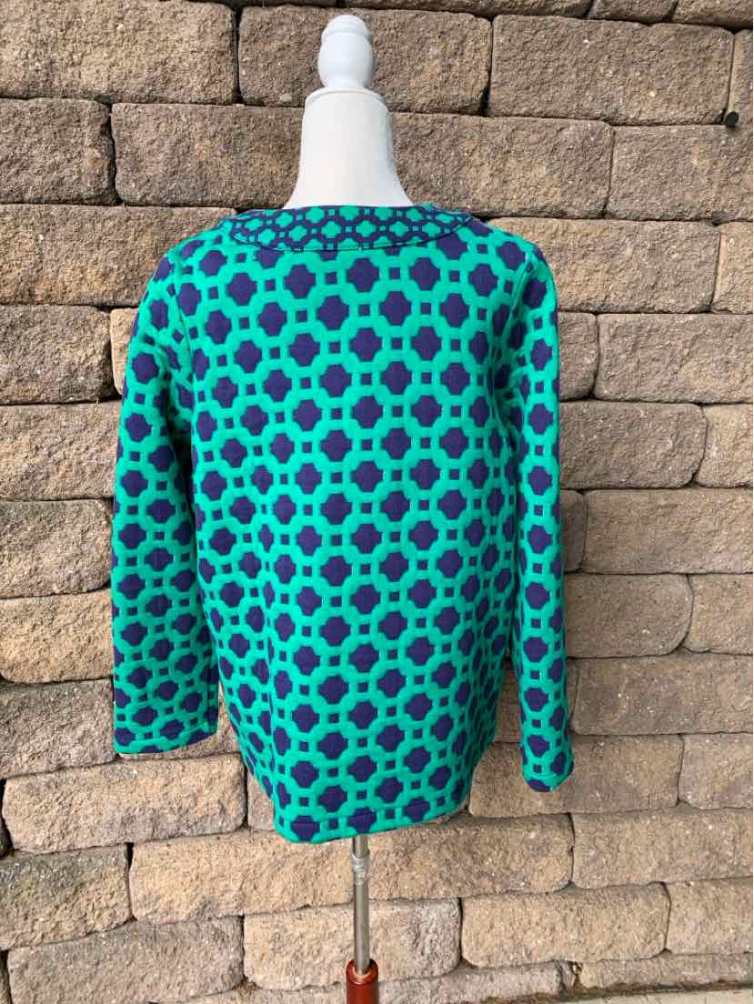 Teal blouse with navy geometric floral pattern, long sleeves, and round neckline, size 1X.