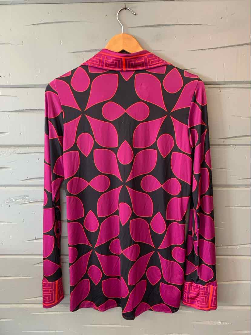 Long-sleeve shirt with bright pink and black geometric leaf pattern, button-up style, classic collar.