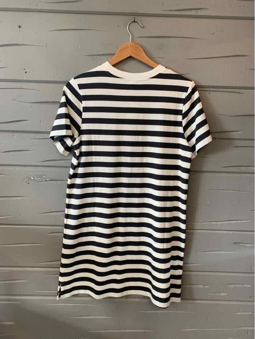 Black and white horizontal striped short-sleeve dress with crew neckline, small size.