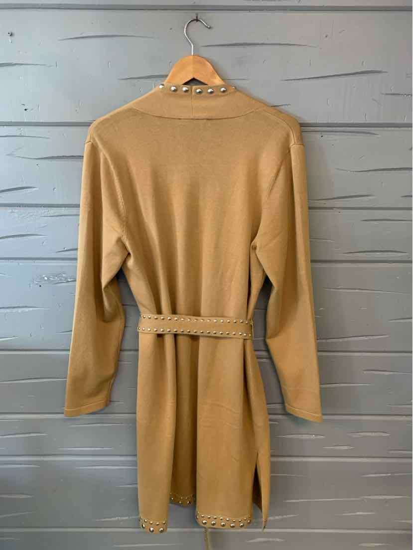 Tan knit long-sleeve cardigan with belt and side slits, size XL, hanging on wooden hanger.