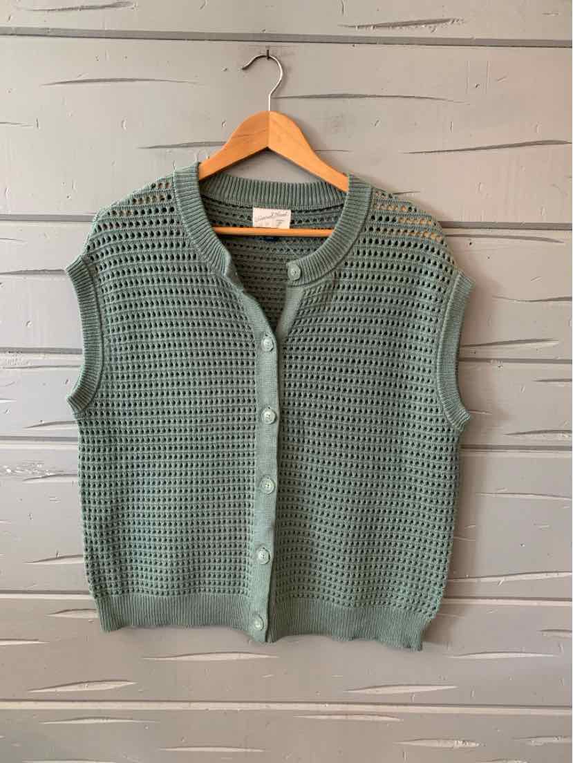 Sage green knit sleeveless button-up vest with a ribbed collar and hem, size small.