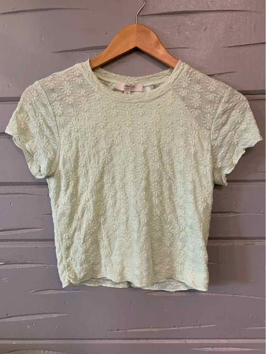 Light green short-sleeve lace top with round neckline and delicate floral pattern.