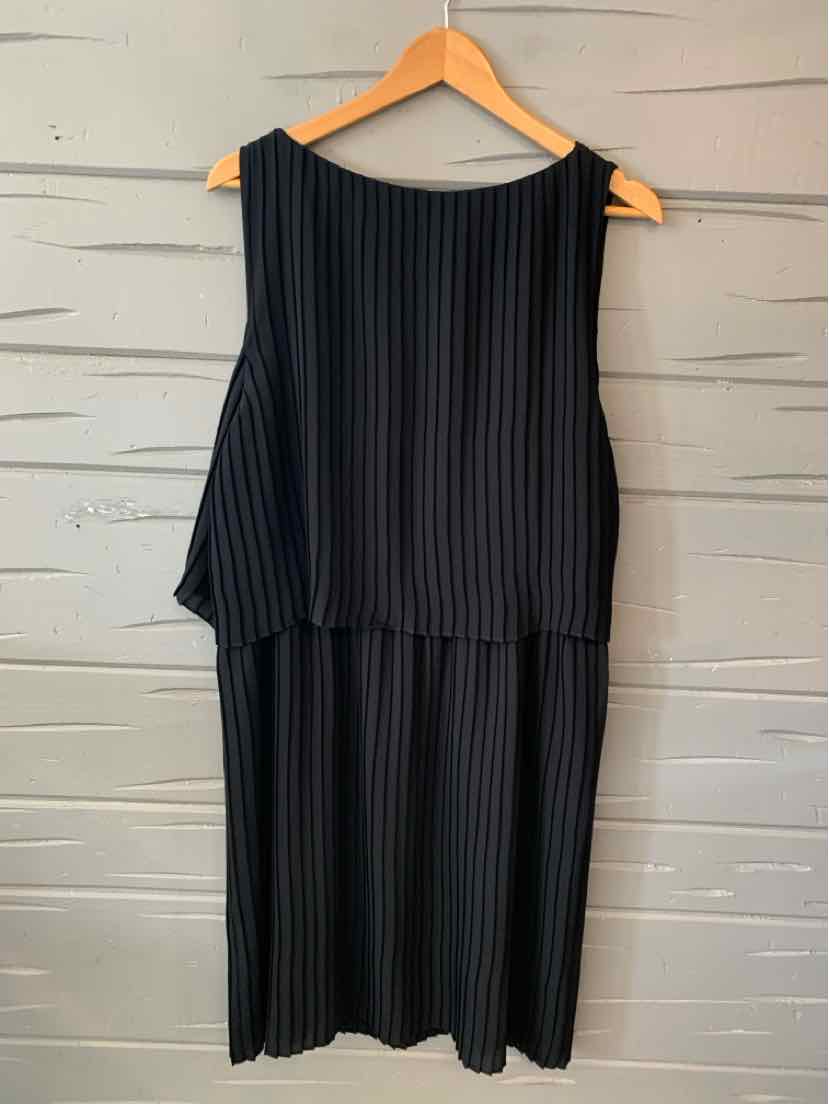 Black sleeveless midi dress with vertical pleats and a layered bodice design.