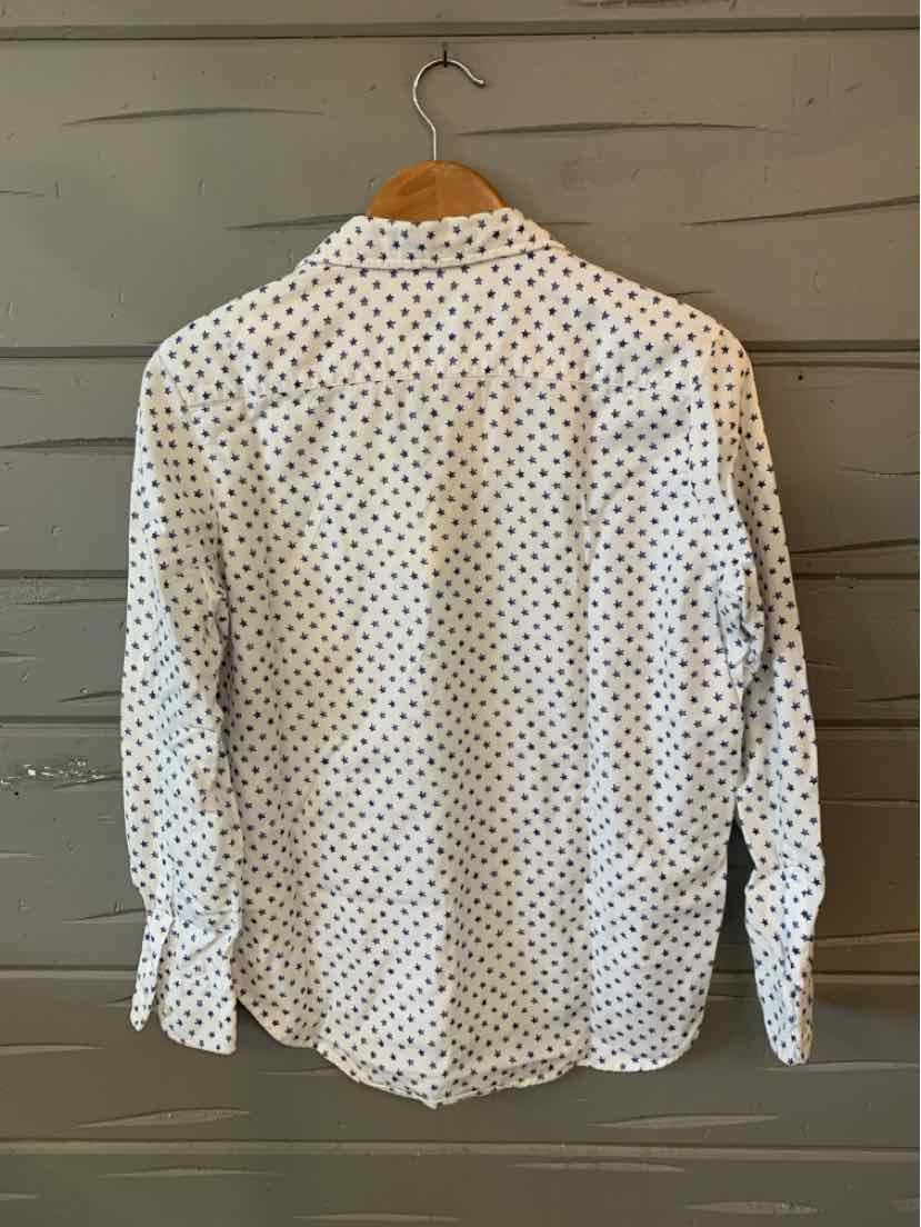 White button-up shirt with small black star print, long sleeves, and a classic collar.