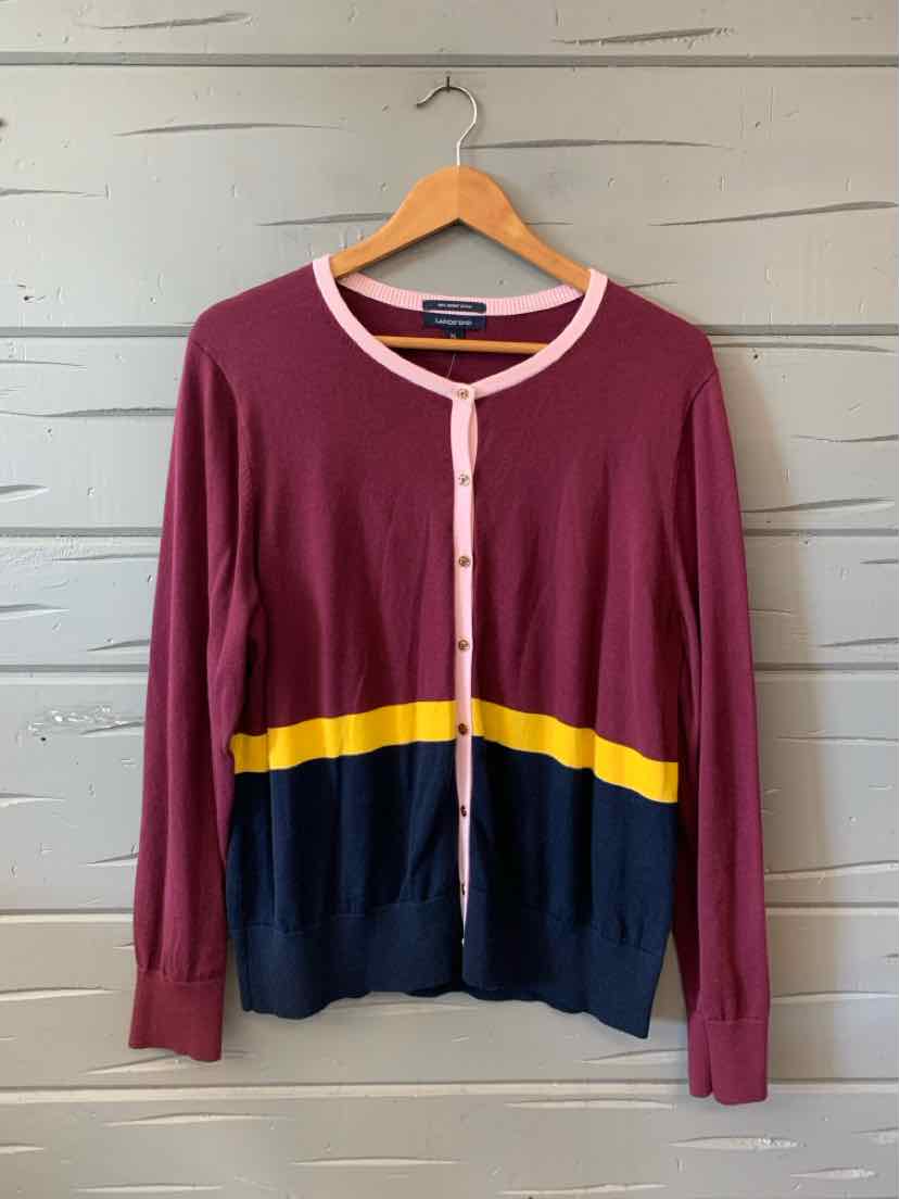 Long-sleeve button-up cardigan with color block design in burgundy, mustard yellow, and navy blue, size XL.
