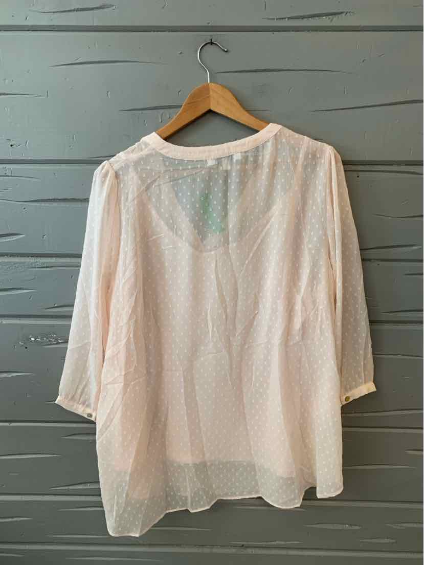 Light pink sheer blouse with 3/4 sleeves and round neckline hanging on wooden hanger.