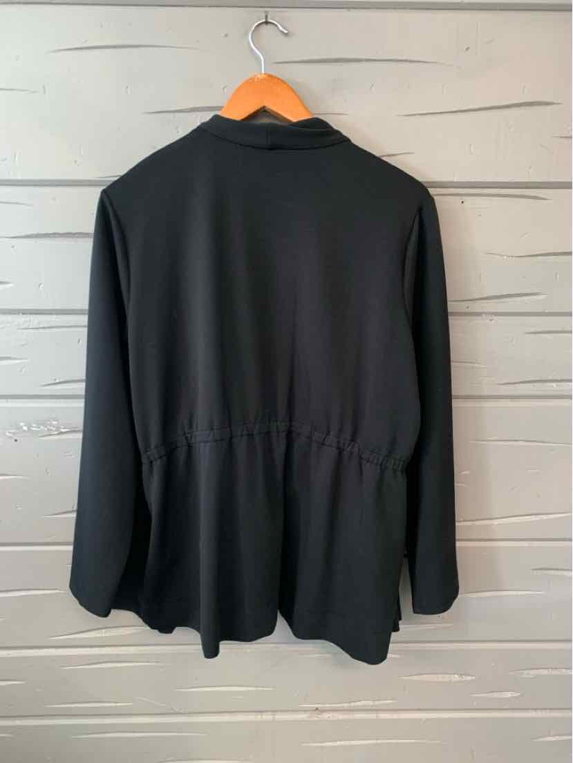 Black long-sleeve blouse with relaxed fit, scoop neckline, and gathered waist detail, size XL.