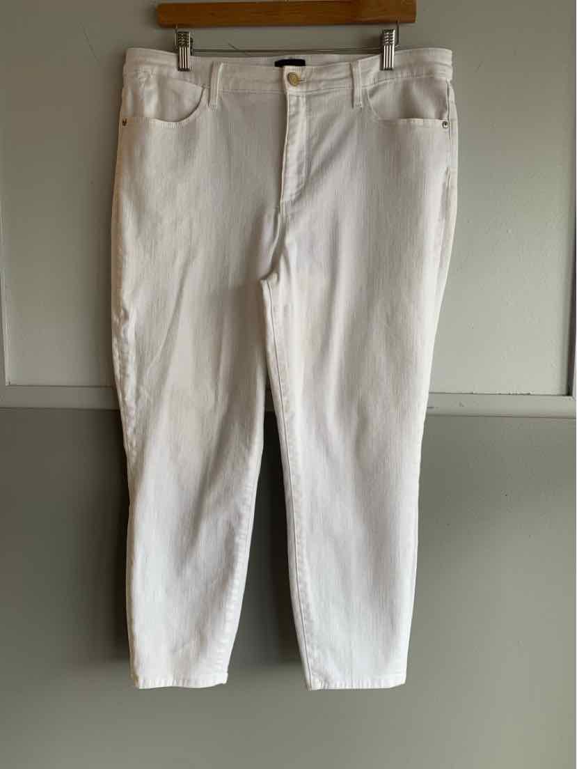 White straight-leg jeans with front pockets and belt loops, size 14.