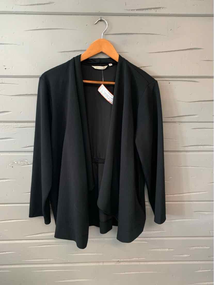 Black open-front cardigan with long sleeves, draped collar, and soft fabric in XL size.