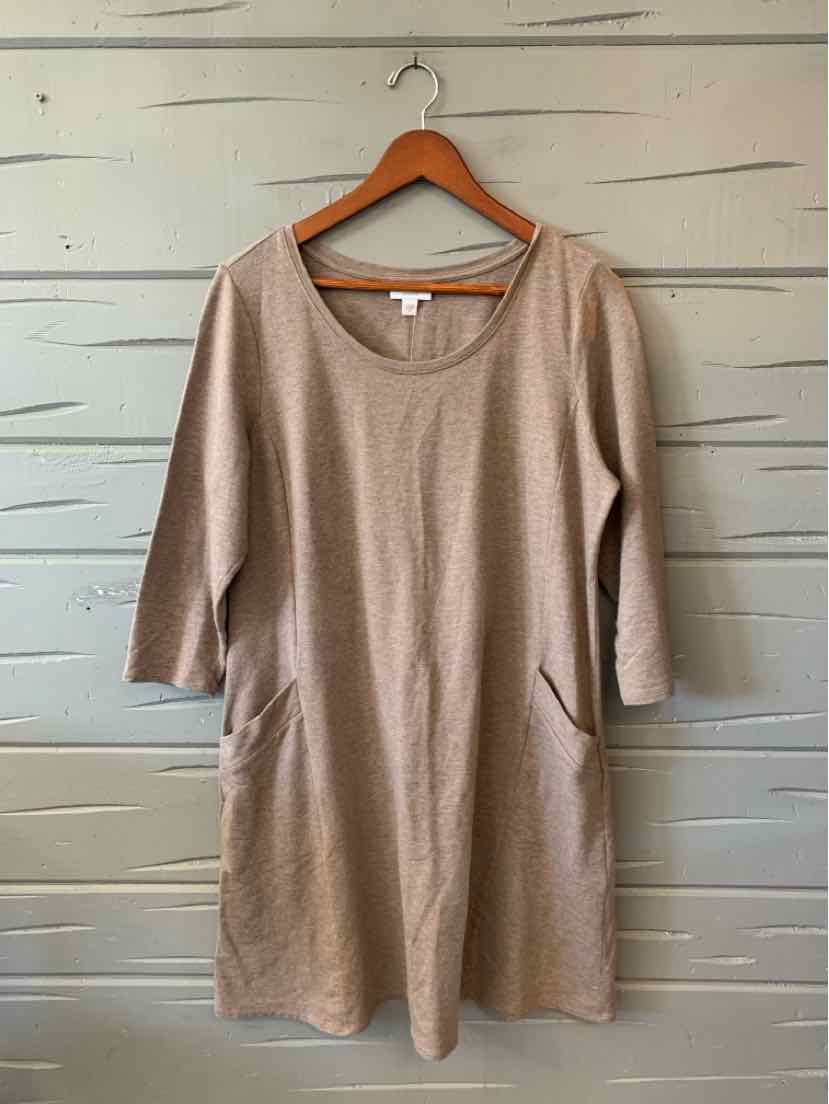 Beige knit women's dress with a scoop neckline, three-quarter sleeves, and side pockets, hanging on a wooden hanger.