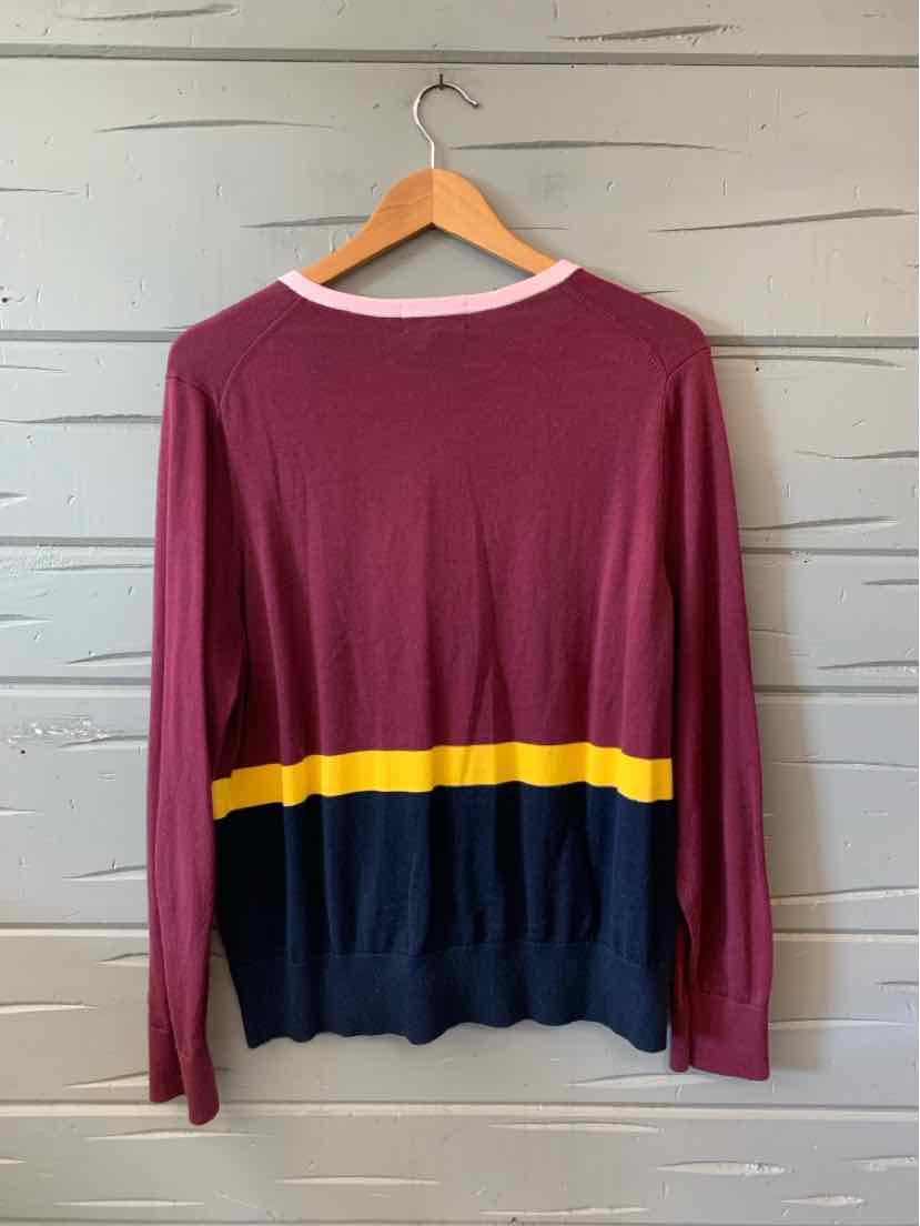 Long-sleeve color block sweater with burgundy top, yellow stripe, and navy blue bottom, size XL.