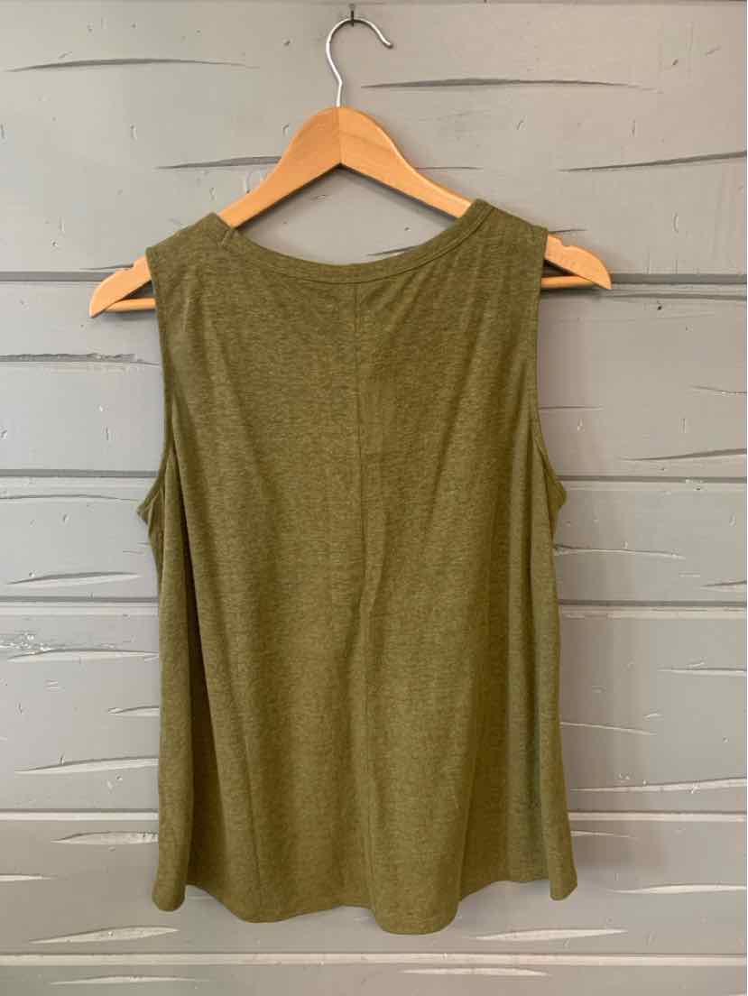 Women's olive green sleeveless knit top with scoop neck on wooden hanger.