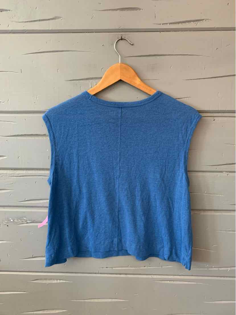Blue sleeveless knit top with round neckline, medium size, casual fit.