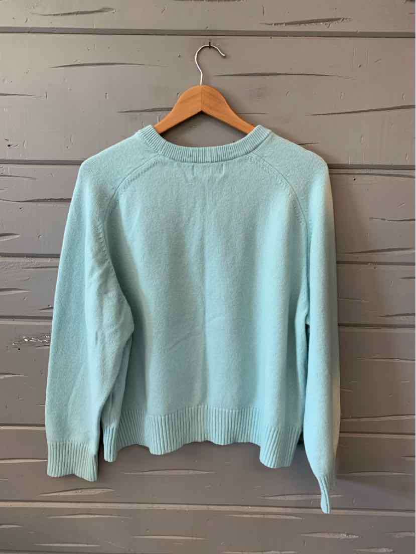 Light blue long-sleeve crewneck sweater with ribbed cuffs and hem, shown on wooden hanger.