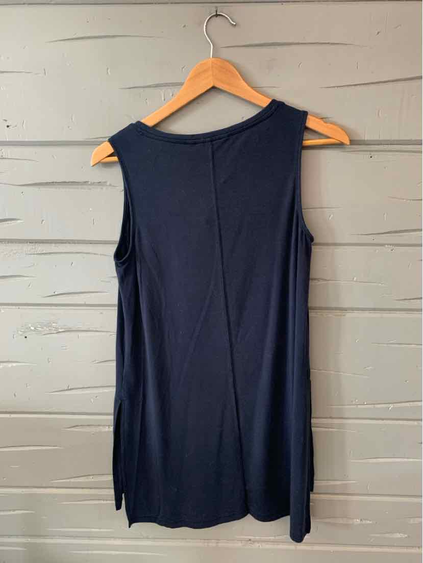 Sleeveless black athletic tank top with a round neckline and back seam detail on wooden hanger.