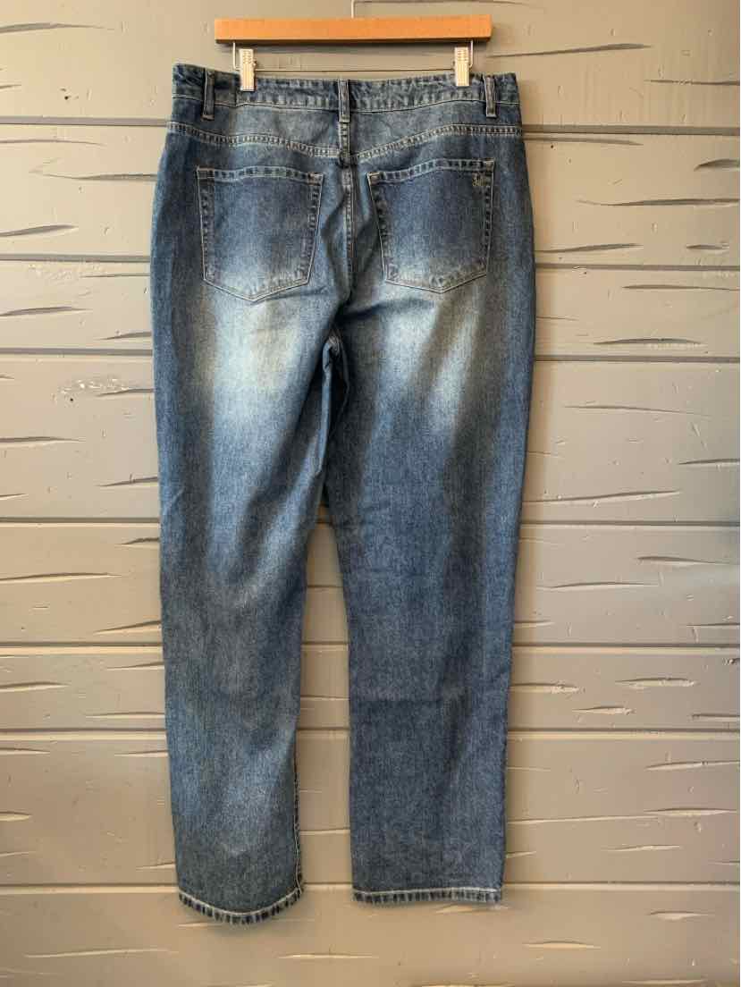 Blue denim jeans with a relaxed fit, back pockets, and subtle fading detailing suitable for casual tops and women's dresses.