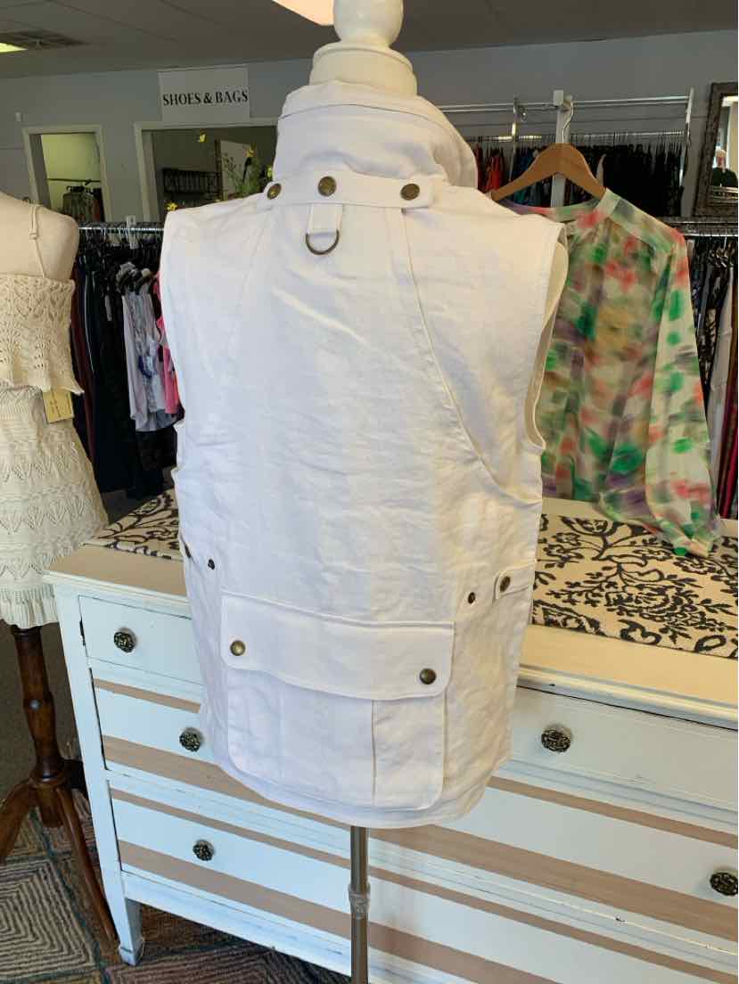 White sleeveless linen vest with buttoned front and flap pockets, size XS.