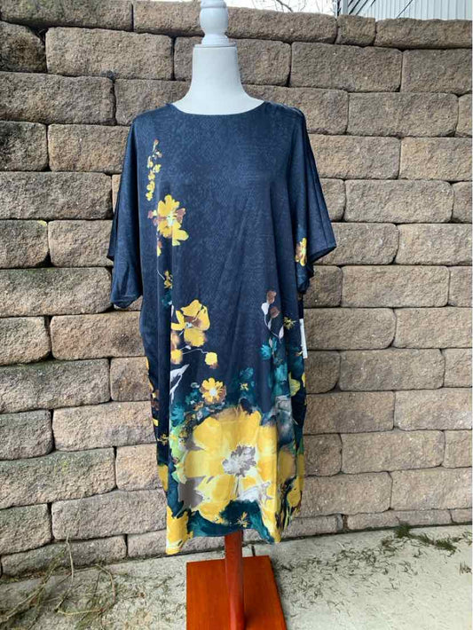 Navy blue floral dress with yellow and green flower prints, loose fit, knee-length, XL size.