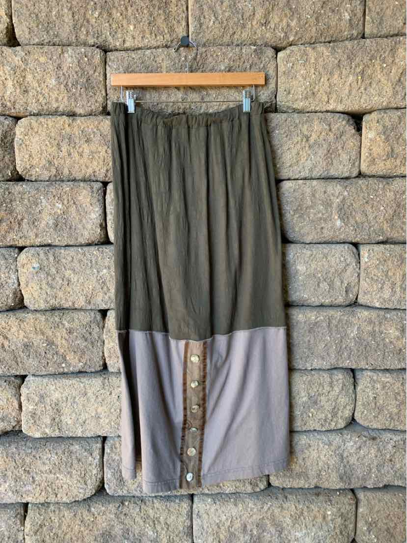 Two-piece gray home frock set with a dark gathered top and light gray skirt panel featuring front buttons.