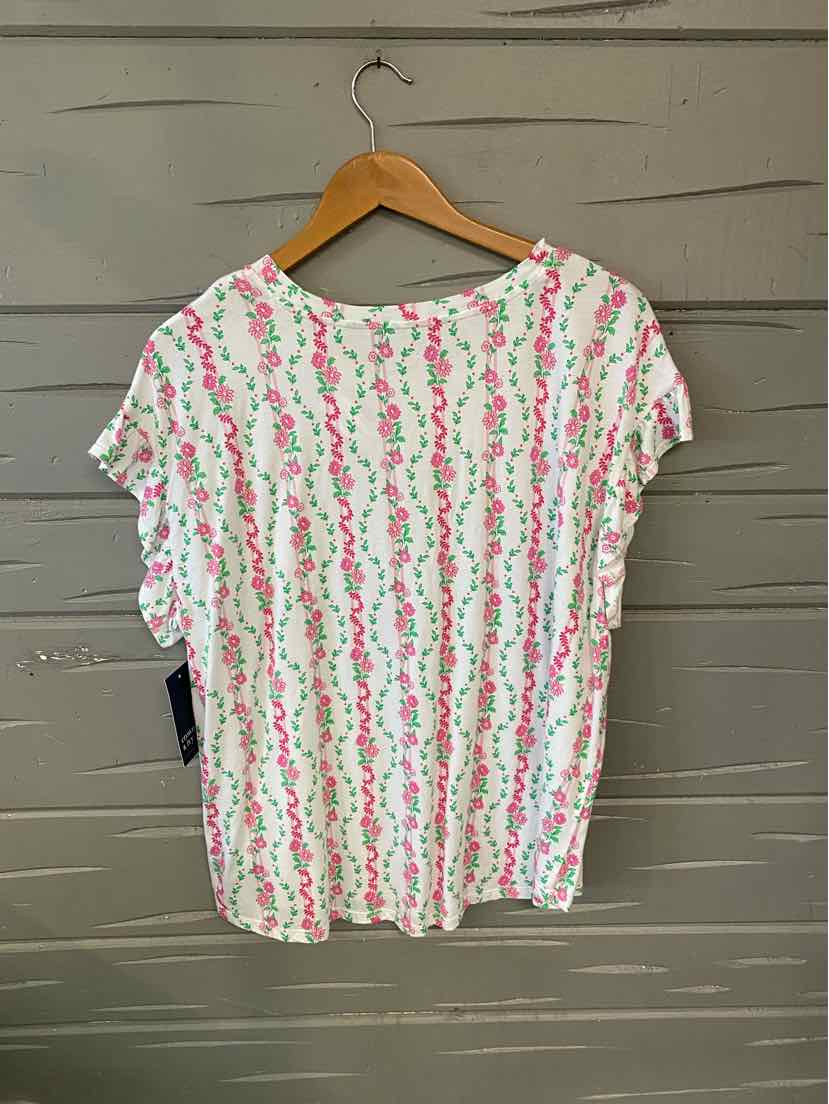 White short-sleeve blouse with pink and green vertical floral stripes, size 2X.
