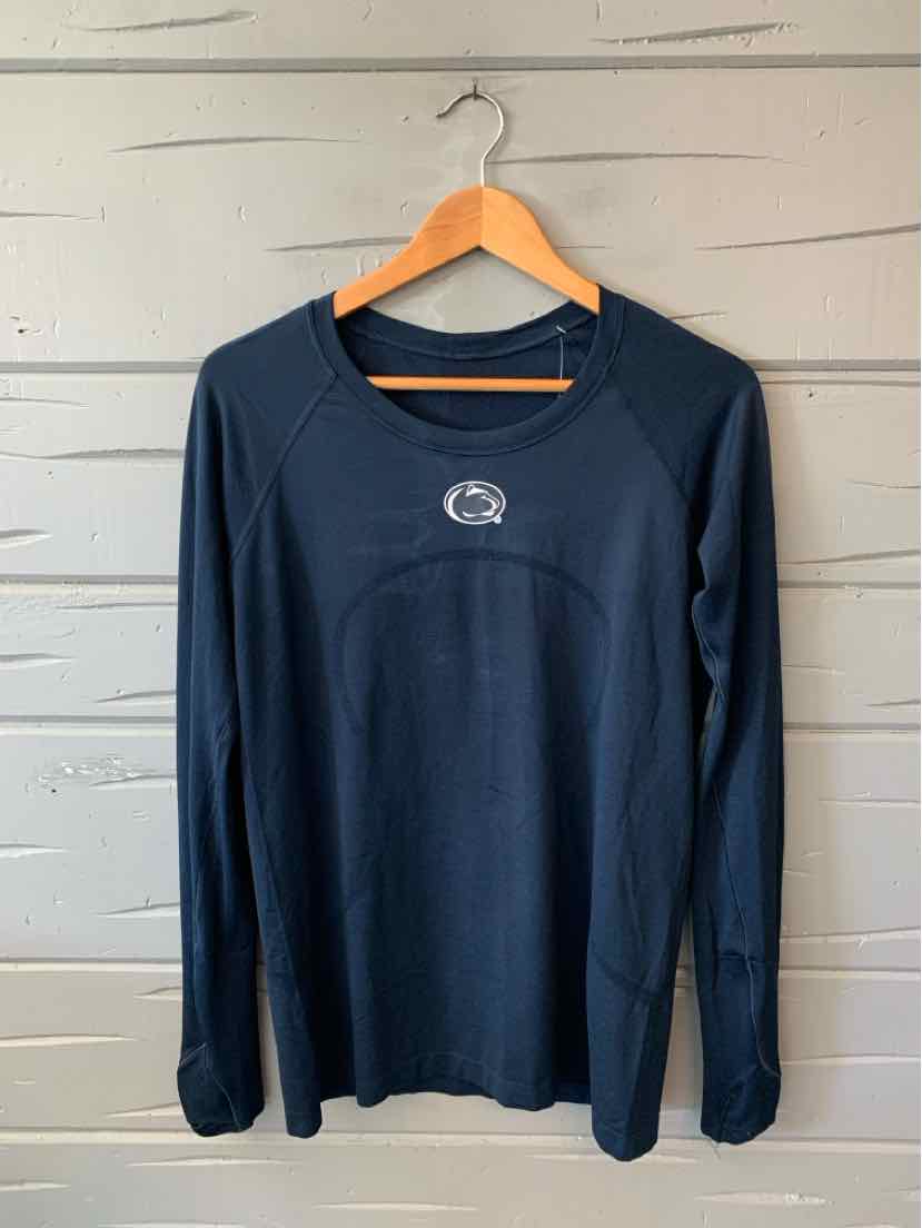 Navy long-sleeve crewneck shirt with white Lululemon logo on chest, medium/large size.