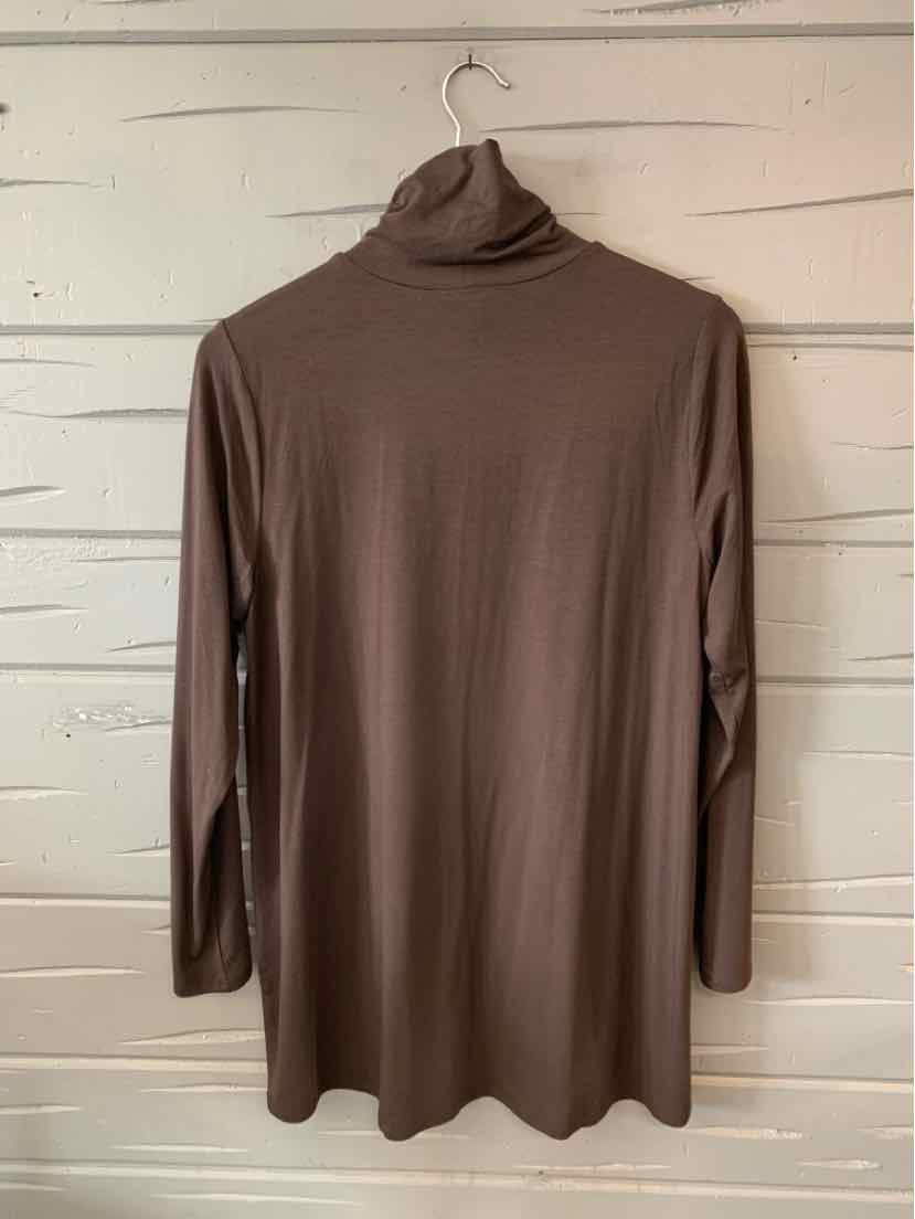 Brown long-sleeve turtleneck top with a smooth, lightweight fabric and relaxed fit.