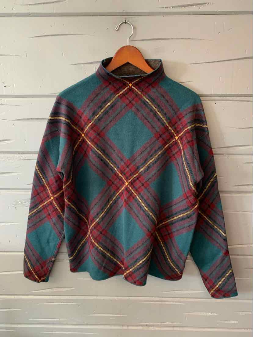 Women’s burgundy and teal plaid Tahari sweater with long sleeves and a crossover V-neck.