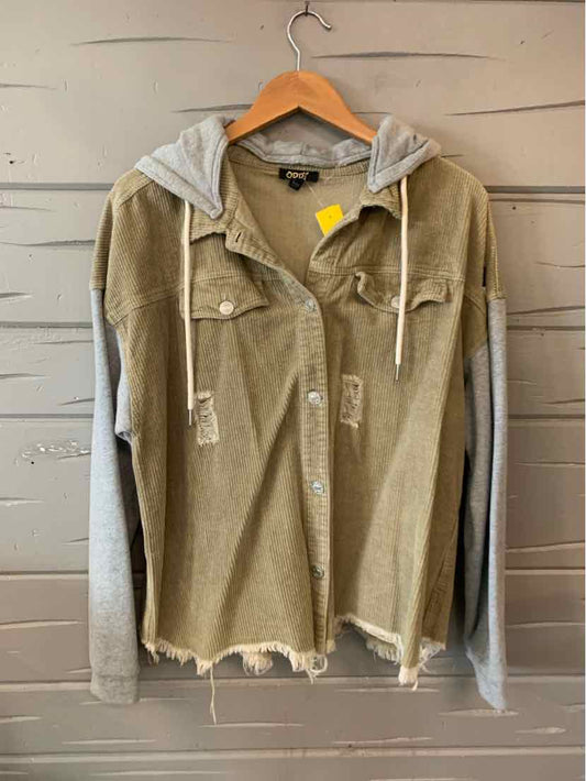 Olive green corduroy button-up shirt jacket with gray hoodie sleeves and frayed hem.