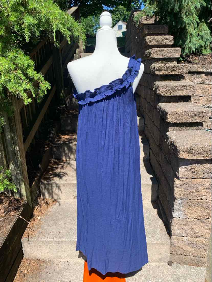 Royal blue one-shoulder midi dress with ruffle detail and lightweight fabric.
