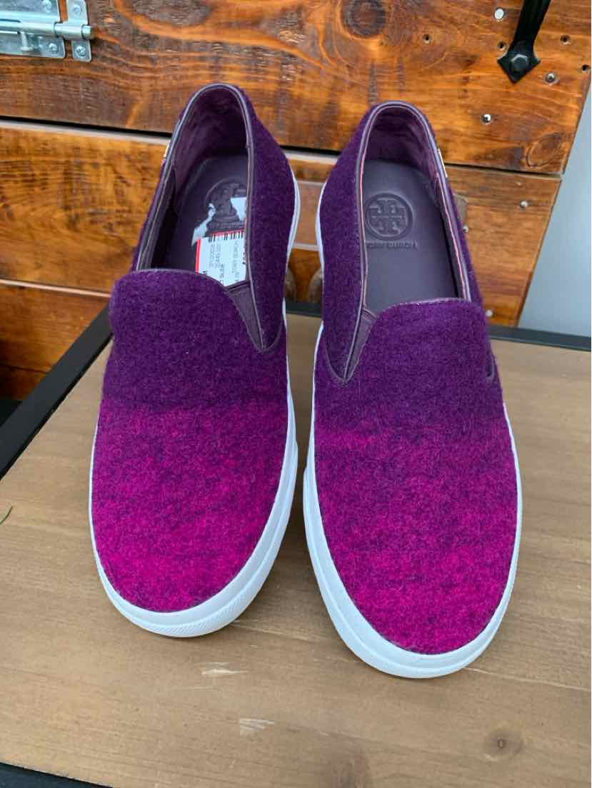 Purple ombre slip-on sneakers with white soles, size 6.5, Tory Burch branding on insole.
