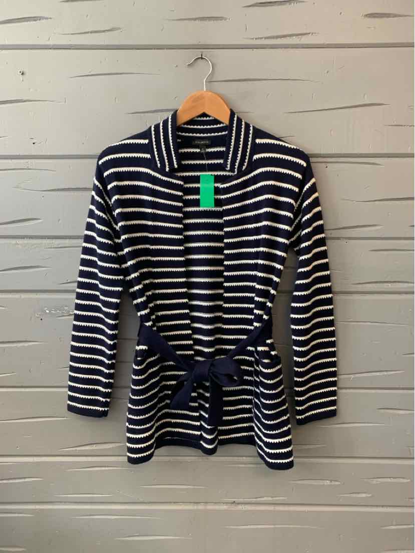 Navy and white striped long-sleeve cardigan with waist tie and collar on wooden hanger.