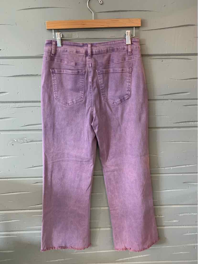 Lavender straight-leg pants with raw hem and back patch pockets hanging on wooden hanger against gray wall.