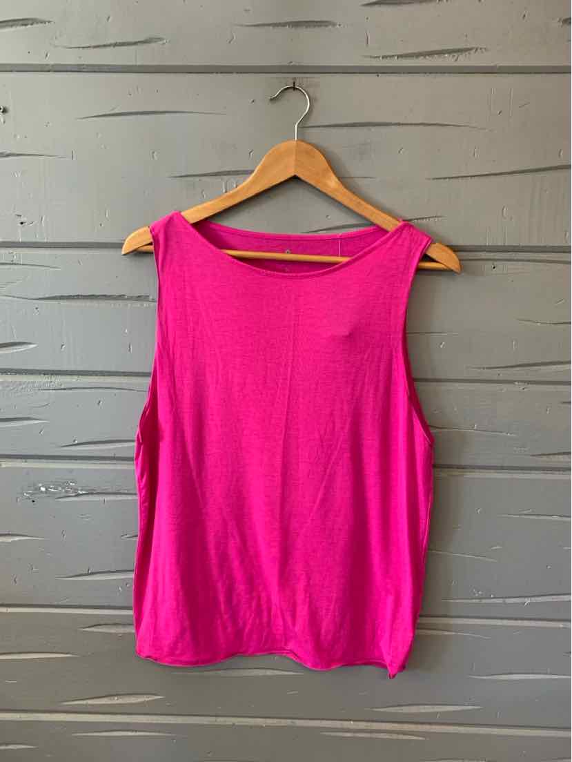 Bright pink sleeveless athletic tank top with a relaxed fit on wooden hanger.
