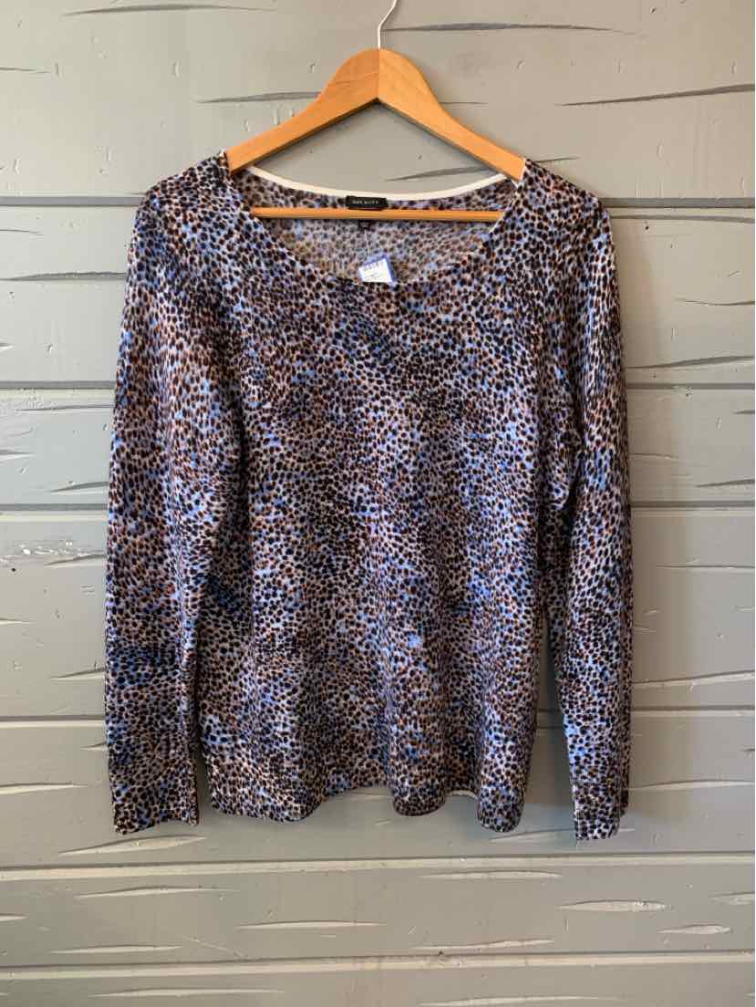 Women's Talbots long-sleeve knit top with a blue, brown, and cream speckled pattern and scoop neckline.