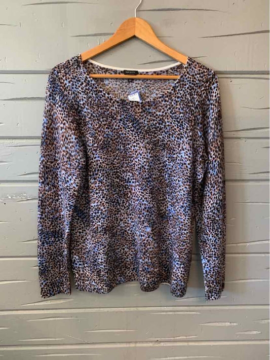 Women's Talbots long-sleeve knit top with a blue, brown, and cream speckled pattern and scoop neckline.