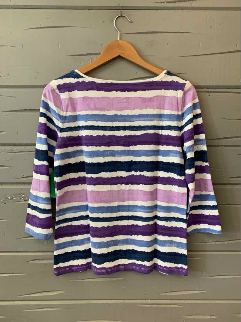 Women's three-quarter sleeve top with horizontal stripes in purple, navy, white, and light pink.