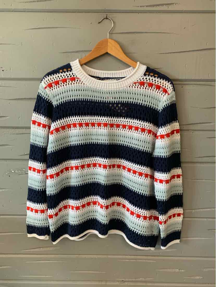 White, navy, and red striped knit sweater with a crew neckline and long sleeves in medium size.