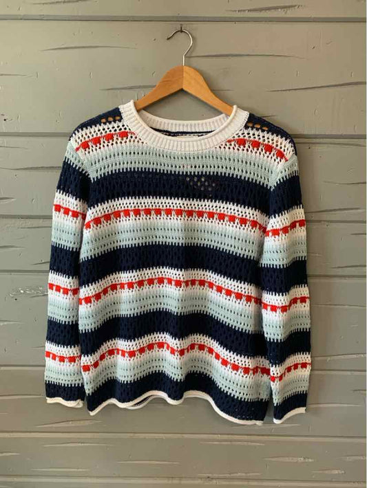 White, navy, and red striped knit sweater with a crew neckline and long sleeves in medium size.
