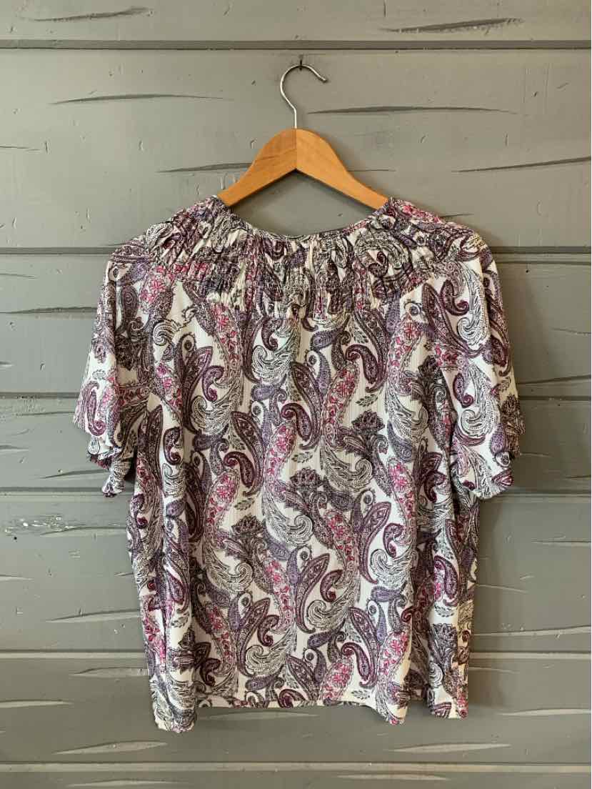 Lightweight blouse with purple and pink paisley print, gathered neckline, and short sleeves.