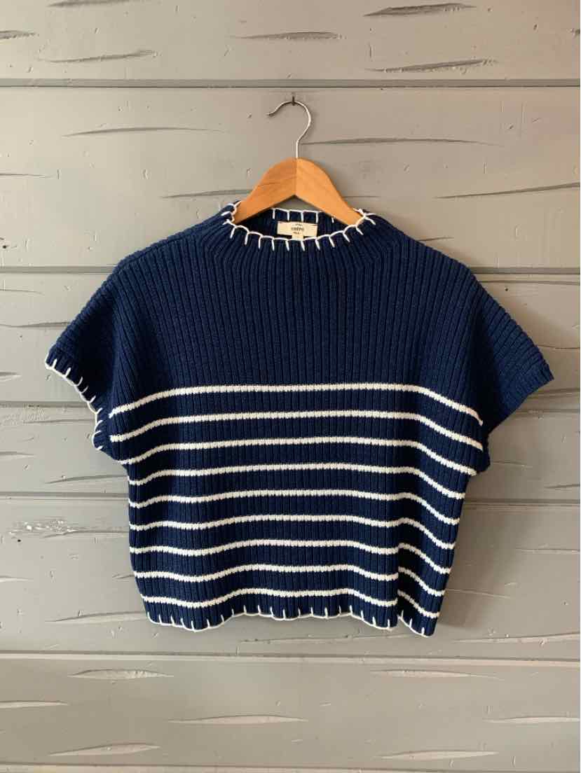 Navy blue short-sleeve knit top with white horizontal stripes and ribbed crew neckline and hem.