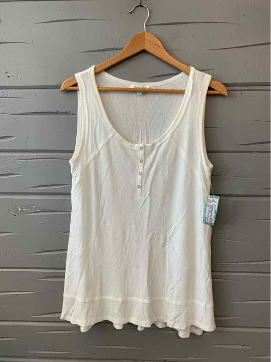 Cream-colored sleeveless tank top with scoop neck and button placket, lightweight fabric.